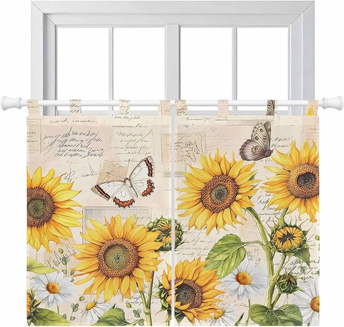 Yellow Sunflowers Bedroom Curtains 63 Inch Length, Window Curtains Tab Top, Country Farm Butterfly Flower Light Beige Light Filtering Window Treatments Drapes 42"x63" 2 Panel
