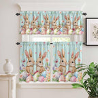 Easter Kitchen Curtains Set 3 Piece for Windows, Rod Pocket Valance and Tier Set 24 Inch Length, Spring Rabbit Colorful Eggs Flowers Wooden Grain Light Filtering Cafe Curtains for Living Room Bathroom