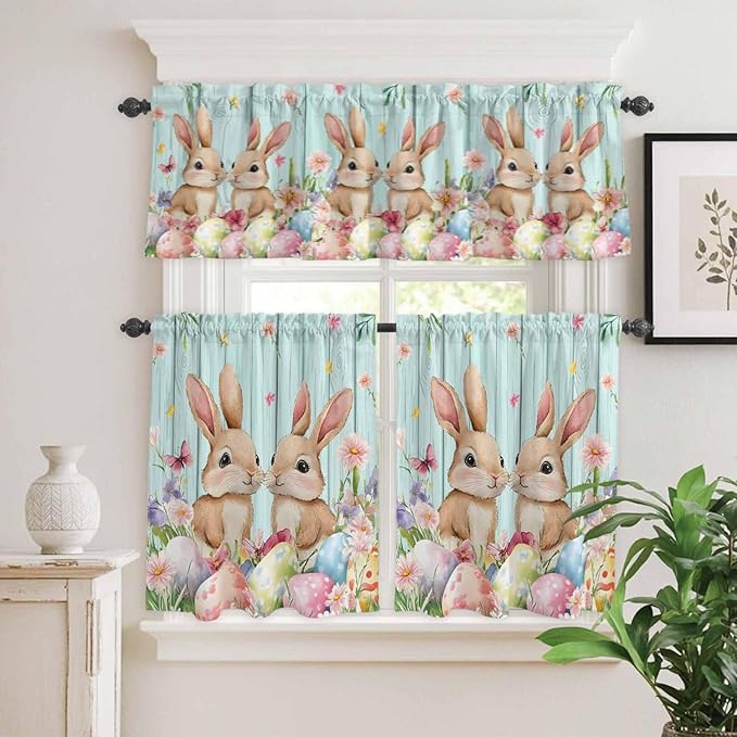 Easter Kitchen Curtains Set 3 Piece for Windows, Rod Pocket Valance and Tier Set 36 Inch Length, Spring Rabbit Colorful Eggs Flowers Wooden Grain Light Filtering Cafe Curtains for Living Room Bathroom