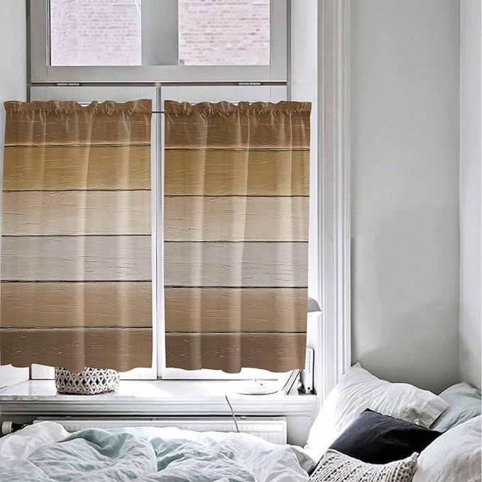 Vintage Brown Gradient Wood Grain Window Valance Curtains, Farmhouse Wood Barn Light Filtering Kitchen Valance with 3-inch Rod Pocket for Living Room Bathroom Bedroom,2 Panel,52x45In