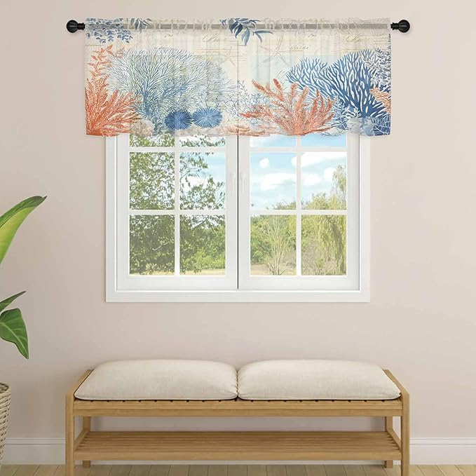 Ocean Corals Sheer Valance Curtains, Summer Beach Coral Sea Stars Retro Texture Light Filtering Kitchen Valances Rod Pocket Voile Curtain Window Treatment for Bedroom/Living Room/Basement 42Wx12L