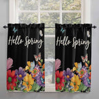 Spring Flowers Kitchen Curtains 45 Inches length, Watercolor Country Colorful Floral Black Window Treatment Curtain Drapes, Lightweight Window Panels for Living Room Bedroom, 52"x45", 2 Panels