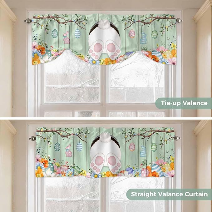 Easter Tie Up Valance Curtains for Windows, Kitchen Curtains Window Shades, Spring Watercolor Bunny Eggs Wooden Grain Green Light Filtering Roman Curtain Valances for Bedroom/Bathroom/Cafe 60"x18"