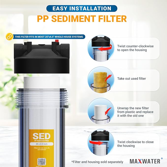 Max Water 1 Micron 20" x 4.5" Sediment Filter - 20 inch Whole House Water Filtration System Replacement Cartridge Compatible with DGD-5005-20, FP25B, AP810-6, P5-20, 155358-43, SDC-45-2005 - 10 Pack
