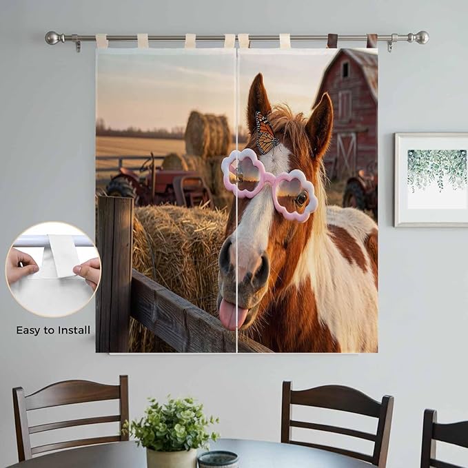 Farm Horses Bathroom Curtains 63 Inch Length, Window Curtains Tab Top, Farmhouse Barn Funny Animals Butterfly Light Filtering Window Treatments Drapes 52"x63" 2 Panel