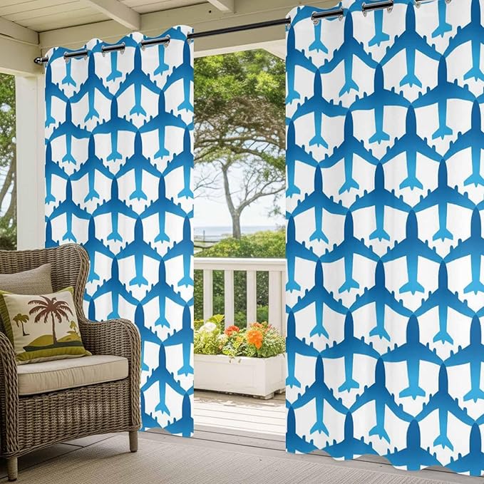 Blue Aircraft Waterproof Outdoor Curtains for Patio, Windproof Weatherproof Curtains with Weighted Hem, Modern Abstract Art Gradient Airplane Light Filtering Privacy Drapes for Porch 54"x 84"