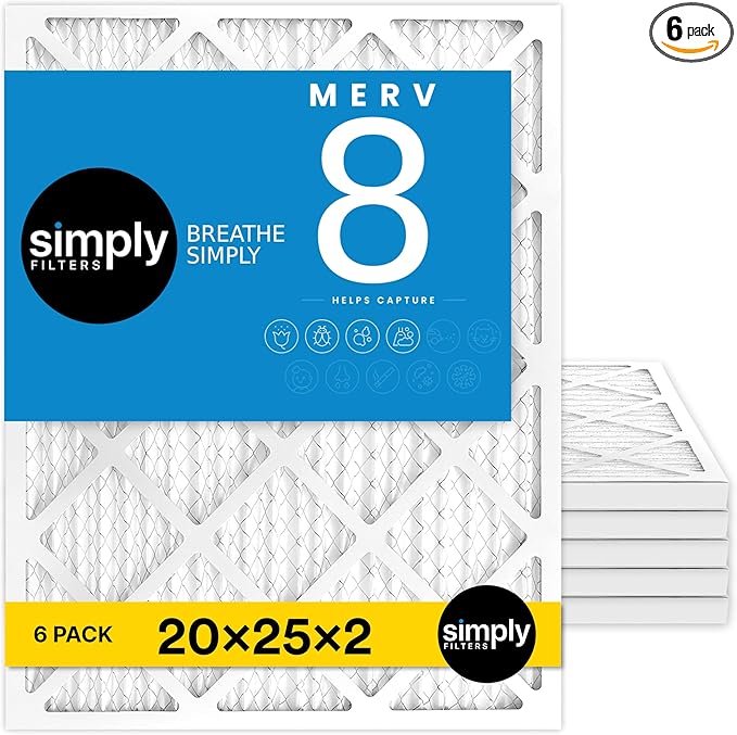 Simply 20x25x2 Air Filter, MERV 8, 6 Pack, Furnace Air Filter for HVAC (Actual Size: 19.5"x24.5"x1.75") DUST, Pet & Allergy Control