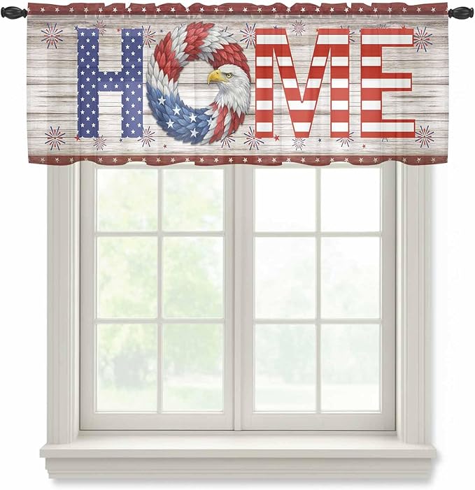 4th of July Sheer Valances for Windows 42"x12", Light Filtering Kitchen Curtains Valance, Stars Striped Farmhouse American Flag Wood Grain Rod Pocket Chiffon Curtains for Living Room Bedroom Cafe