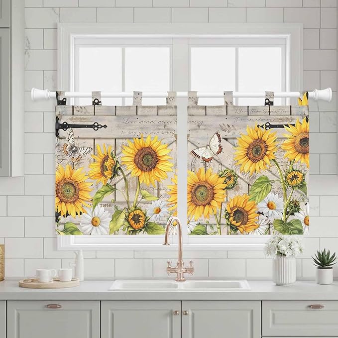 Farm Flowers Kitchen Curtains 24 Inch Length, Small Window Curtains Tab Top, Retro Sunflowers Barn Doors Butterfly Wood Board Light Filtering Short Window Treatments Tier Drapes 27.5"x24" 2 Panel