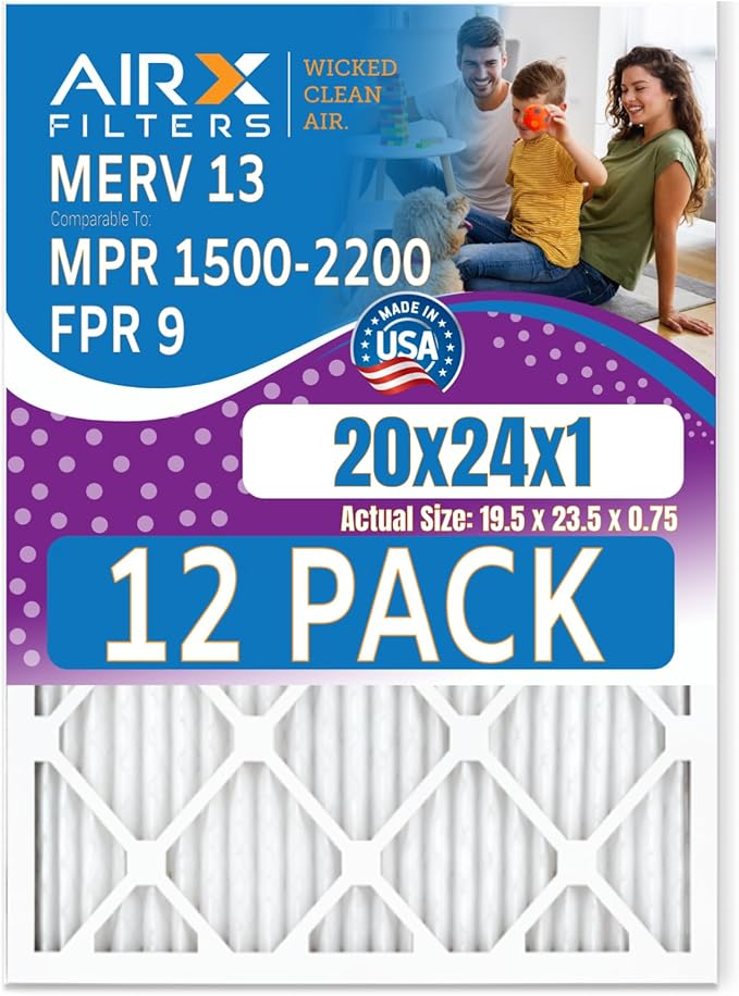 20x24x1 Air Filter MERV 13 Rating, 12 Pack of Furnace Filters Comparable to MPR 1500-2200 & FPR 9 - Made in USA by AIRX FILTERS WICKED CLEAN AIR.