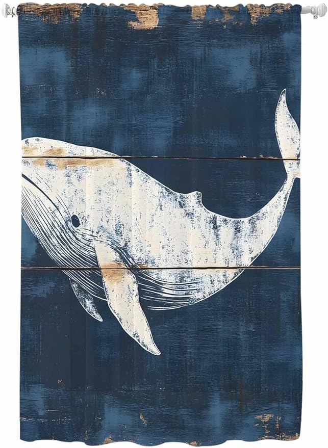 Sheer Curtains 63 Inch Length, Ocean Whale Blue Semi Sheer Curtains Light Filtering Window Treatment, Coastal Vintage Wooden Grain Privacy Voile Drapes for Living Room Bedroom 52x63 Inch