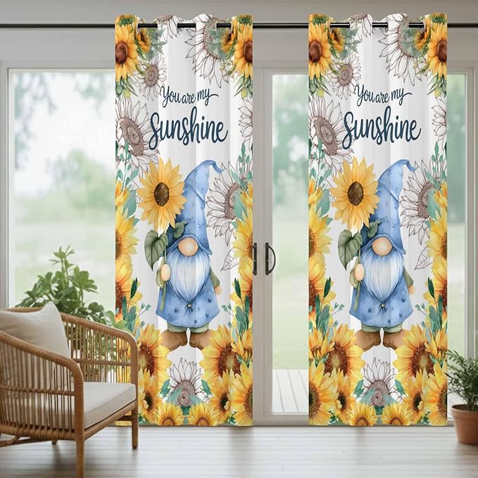 Summer Outdoor Curtains for Patio Sunflowers Gnome Eucalyptus Leaves Waterproof Outside Curtains with Grommet Top Weatherproof Curtain for Cabana Pergola Gazebo, 1 Panel, 54" W x 84" L