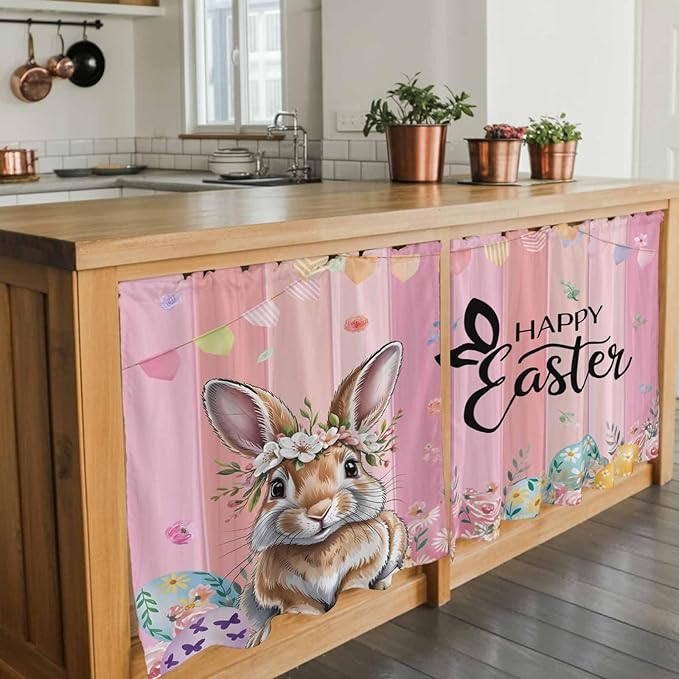Easter Tier Curtains, Spring Rabbit Eggs Flowers Flags Leaves Wood Grain Light Filtering Kitchen Curtains, 2Pcs Rod Pocket Half Window Treatments Panels for Sink Cafe Cabinet Camper 27.5x36 Inches