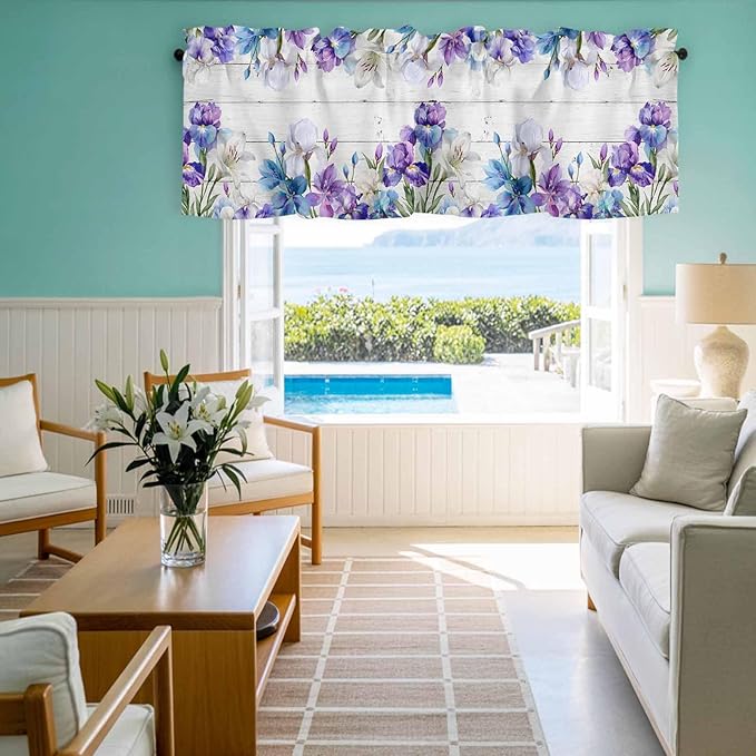Spring Flowers Curtain Valances for Windows, Kitchen Valance Window Treatment, Watercolor Garden Florals Wooden Grain Light Filtering Block Curtains for Bathroom/Bedroom/Living Room 60'' x 18''
