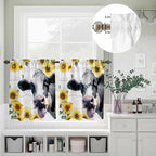 Kitchen Curtains Tiers and Valance Set of 3, Cow Sunflowers Light Filtering Window Curtain Set, Farmhouse Animals Plants Wooden Grain Rod Pocket Curtain Drapes for Cafe, Living Room, 24 Inches Tiers