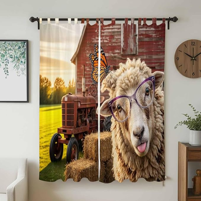 Farm Sheep Living Room Curtains 84 Inch Length, Window Curtains Tab Top, Farmhouse Barn Funny Animals Butterfly Light Filtering Window Treatments Drapes 52"x84" 2 Panel
