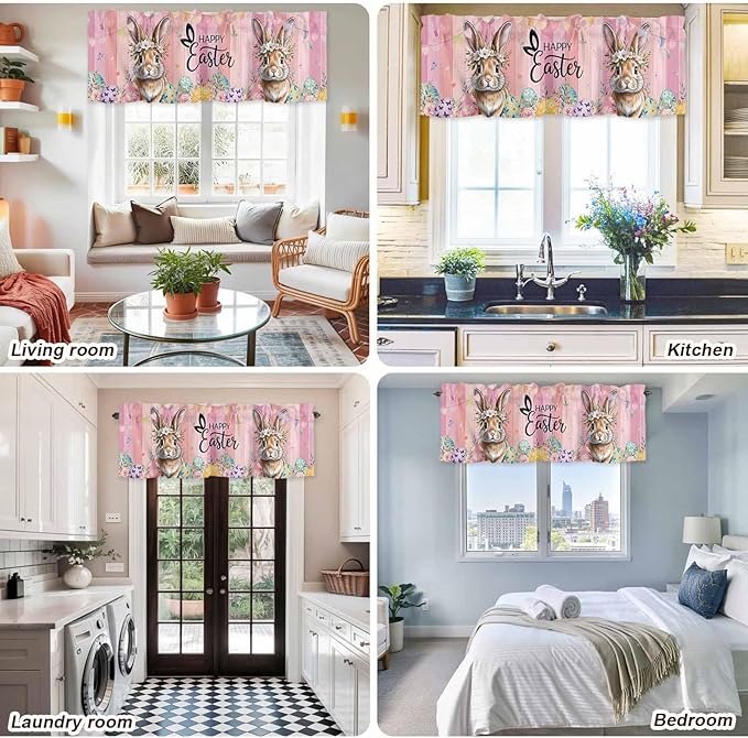 Easter Curtain Valances for Windows, Kitchen Valance Window Treatment, Spring Rabbit Eggs Flowers Flags Leaves Wood Grain Light Filtering Block Curtains for Bathroom/Bedroom/Living Room 42'' x 18''
