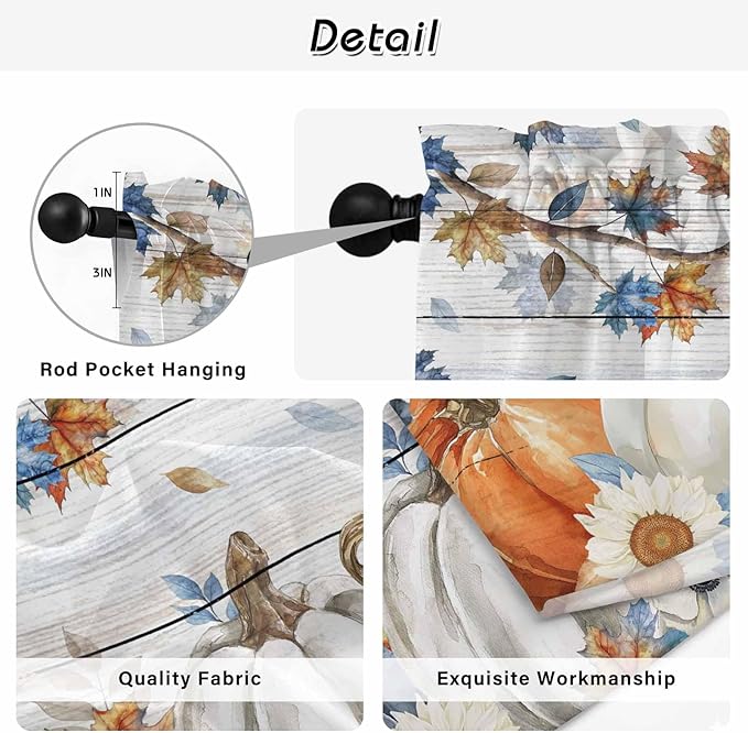 Thanksgiving Pumpkin Window Curtains 63 Inch Long 2 Panel Set, Rod Pocket Bedroom Curtains & Drapes, Fall Maple Leaf Daisy Wooden Grain Light Filtering Window Treatment for Living Room 42"W x 63"L