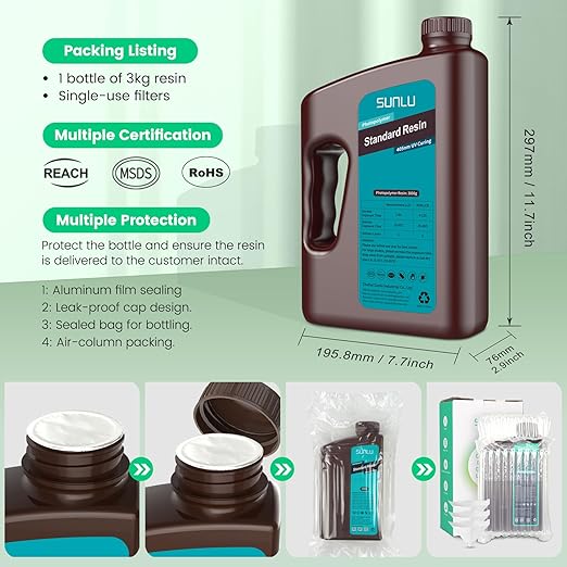 SUNLU 3D Printer Resin 3kg, Fast Curing Standard 3D Resin for Most Resin 3D Printers, 395 to 405nm UV Curing 3D Printing Liquid Photopolymer Resin, Low Shrinkage and High Precision, 3000g, White