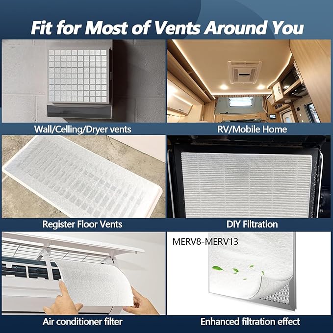 MERV 8 Air Vent Filters,20" x 98" Cut to Fit Air Filter (60+ Filters),Electrostatic Filter Media for Air Vents,Air Conditioner,HVAC,Registers,Grilles,Includes 48 Adhesive Hooks