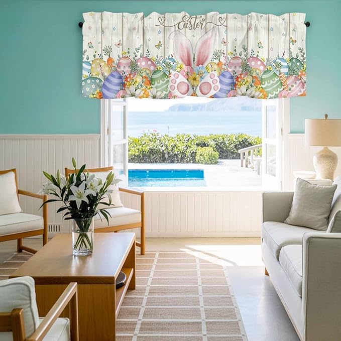 Happy Easter Curtain Valances for Windows, Kitchen Valance Window Treatment, Spring Colorful Eggs Rabbit Ear Feet Flowers Light Filtering Block Curtains for Bathroom/Bedroom/Living Room 54'' x 18''