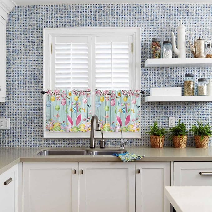 Happy Easter Half Window Curtain 36 Inches Long, Spring Bunny Eggs Flower Teal Wood Grain Window Treatment Curtain Drapes, Small Tier Curtains for Bathroom Over Sink, 27.5"x36", 2 Panels