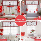 Valentine's Day Valance Curtains for Kitchen, Gnome Red Love Plaid Wood Grain Privacy Rod Pocket Valance Curtain, Light-Filtering Window Treatment for Bedroom Bathroom, 42"x12"