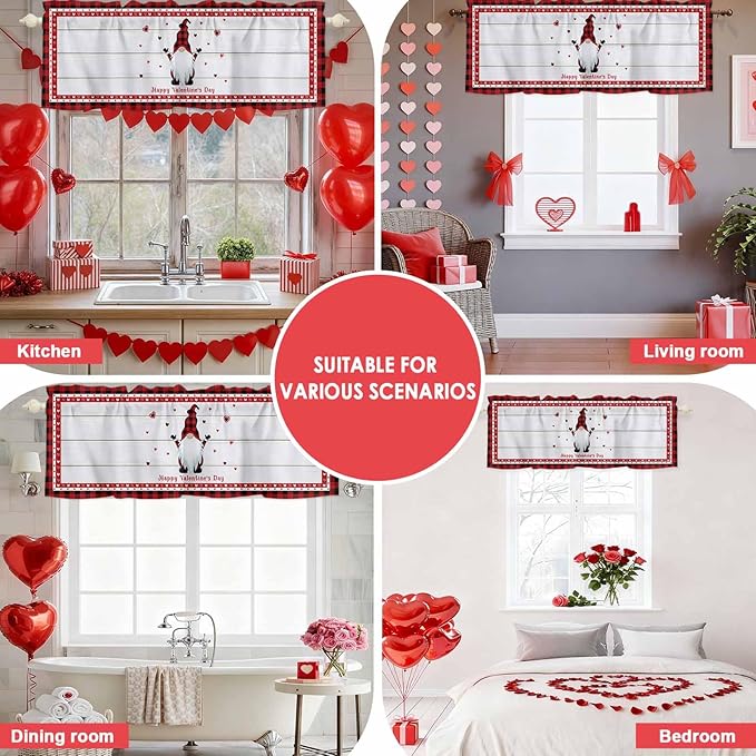 Valentine's Day Valance Curtains for Kitchen, Gnome Red Love Plaid Wood Grain Privacy Rod Pocket Valance Curtain, Light-Filtering Window Treatment for Bedroom Bathroom, 42"x12"