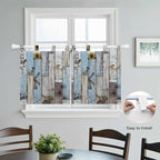 Blue Grey Wooden Kitchen Curtains 24 Inch Length, Small Window Curtains Tab Top, Farmhouse Barn Sunflowers Retro Light Filtering Short Window Treatments Tier Drapes 27.5"x24" 2 Panel