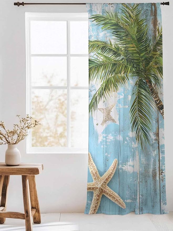 Sheer Curtains 108 Inches Long, Coastal Beach Blue Semi Sheer Curtains Light Filtering Window Treatment, Tropical Coconut Tree Vintage Wood Grain Privacy Voile Drapes for Living Room 52x108 Inch