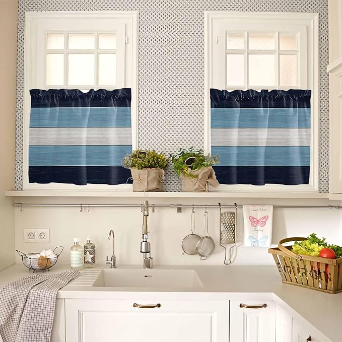 Vintage Country Woodcuts Window Valance Curtains, Blue Gradient Striped Light Filtering Kitchen Valance with 3-inch Rod Pocket for Living Room Bathroom Bedroom,2 Panel,27.5x36In