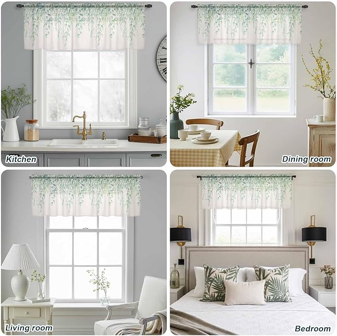 Green Leaf Sheer Valance Curtains, Eucalyptus Leaves Vintage Linen Texture Spring Plant Light Filtering Kitchen Valances Rod Pocket Voile Curtain Treatment for Bedroom/Living Room/Basement 42Wx18L