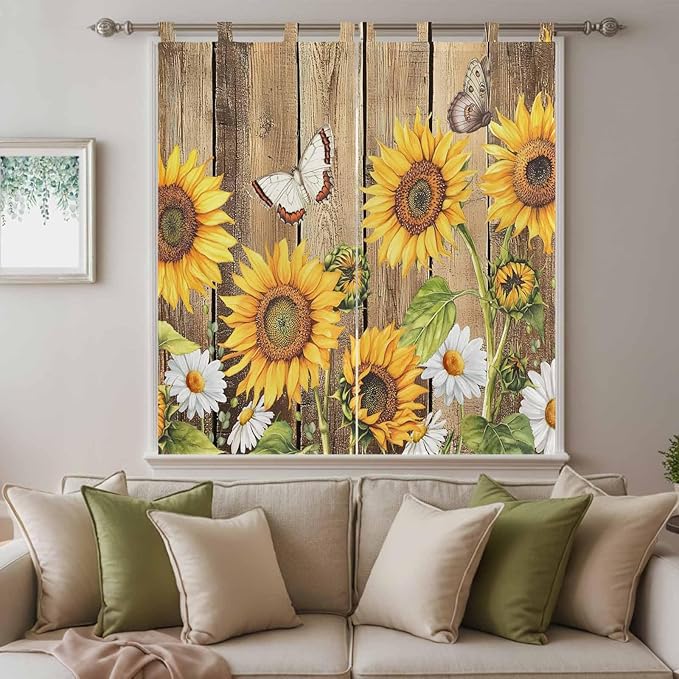 Farmhouse Sunflowers Living Room Curtains 84 Inch Length, Window Curtains Tab Top, Rustic Floral Buttterfly Wood Board Brown Light Filtering Window Treatments Drapes 42"x84" 2 Panel