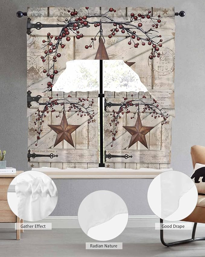 Village Stars Swag Kitchen Curtains Valance and Tier Set, Vintage Rust Yellow Star Berry Beige Barn Doors Light-Filtering Swag Valance 36 Inch Length, Rod Pocket Short Curtain for Bedroom Cafe