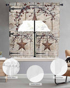 Village Stars Swag Kitchen Curtains Valance and Tier Set, Vintage Rust Yellow Star Berry Beige Barn Doors Light-Filtering Swag Valance 36 Inch Length, Rod Pocket Short Curtain for Bedroom Cafe
