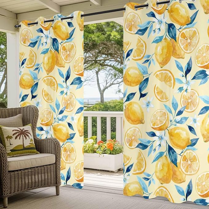Lemon Outdoor Curtains for Patio Lemon Leaves Summer Plants Begin Waterproof Outside Curtains with Grommet Top Weatherproof Curtain for Cabana Pergola Gazebo, 1 Panel, 54" W x 95" L
