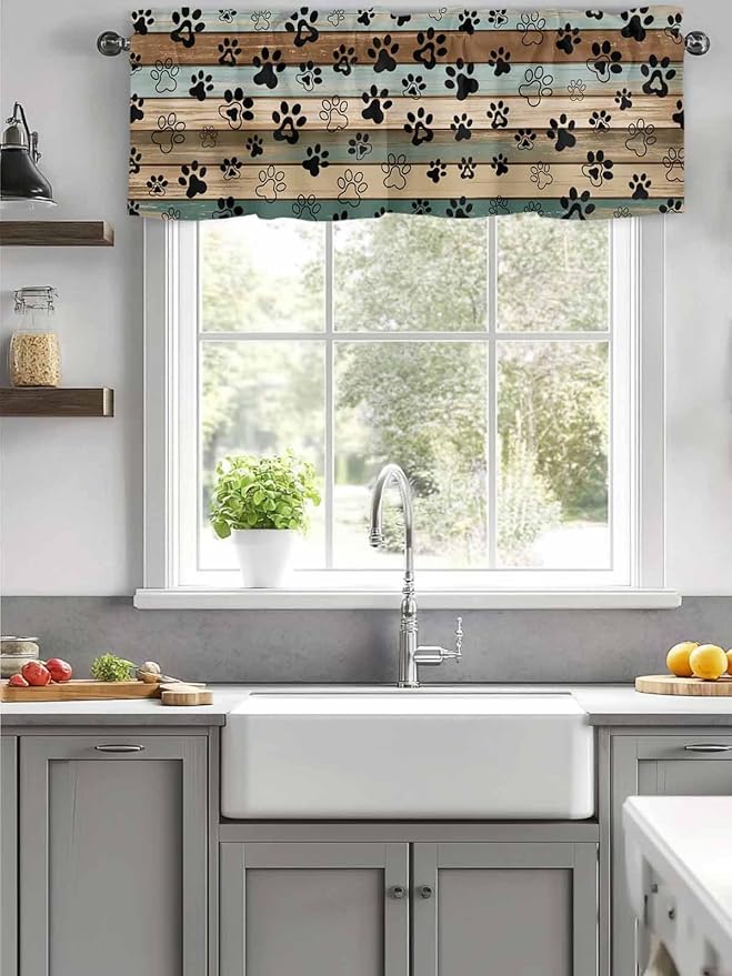 Dog Paws Valance Curtains for Kitchen, Teal Brown Wood Grain Privacy Rod Pocket Valance Curtain, Light-Filtering Window Treatment for Bedroom Bathroom, 42"x18"