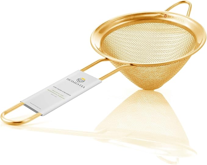 Homestia Fine Mesh Strainer for Kitchen, 304 Stainless Steel Sieve Sifters Cocktail Strainer for Food, Tea, Oil, Noodles, Coffee, Juice, Flour, Fruits, Vegetables - Easy to Clean Drink Strainer (Gold)