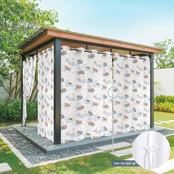 Cartoon Animals Outdoor Curtains for Patio Raccoons Rabbits Moon Waterproof Outside Curtains with Grommet Top Weatherproof Curtain for Cabana Pergola Gazebo, 2 Pack, 54" W x 95" L