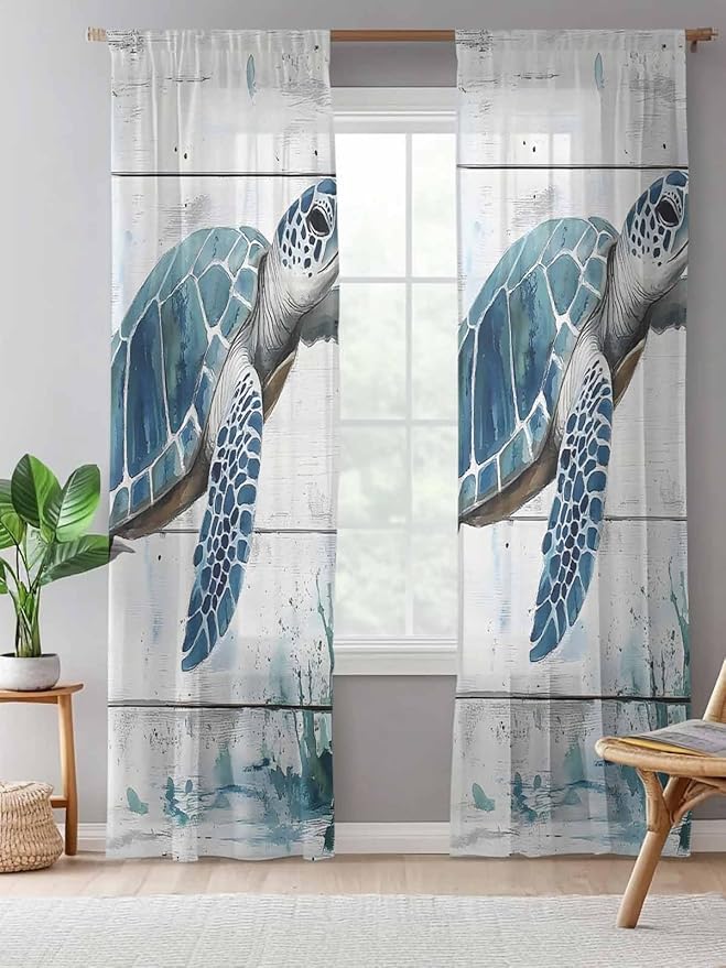 Sheer Curtains 96 Inches Long, Teal Green Sea Turtle Semi Sheer Curtains Light Filtering Window Treatment, Summer Ocean Vintage Wood Grain Privacy Voile Drapes for Living Room Bedroom 52x96 Inch