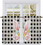 Easter Kitchen Tier Curtains 45 Inch Long 2 Panel Set,Rod Pocket Short Window Treatment,Spring Rabbits Ears Feet Wildflowers Black Plaid Light Filtering Curtains & Drapes for Bathroom 27.5"W x 45"L