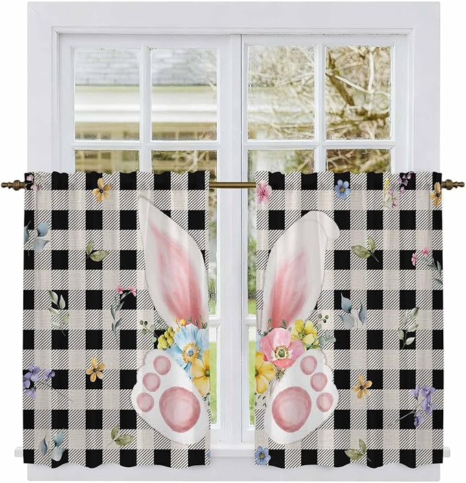 Easter Kitchen Tier Curtains 45 Inch Long 2 Panel Set,Rod Pocket Short Window Treatment,Spring Rabbits Ears Feet Wildflowers Black Plaid Light Filtering Curtains & Drapes for Bathroom 27.5"W x 45"L