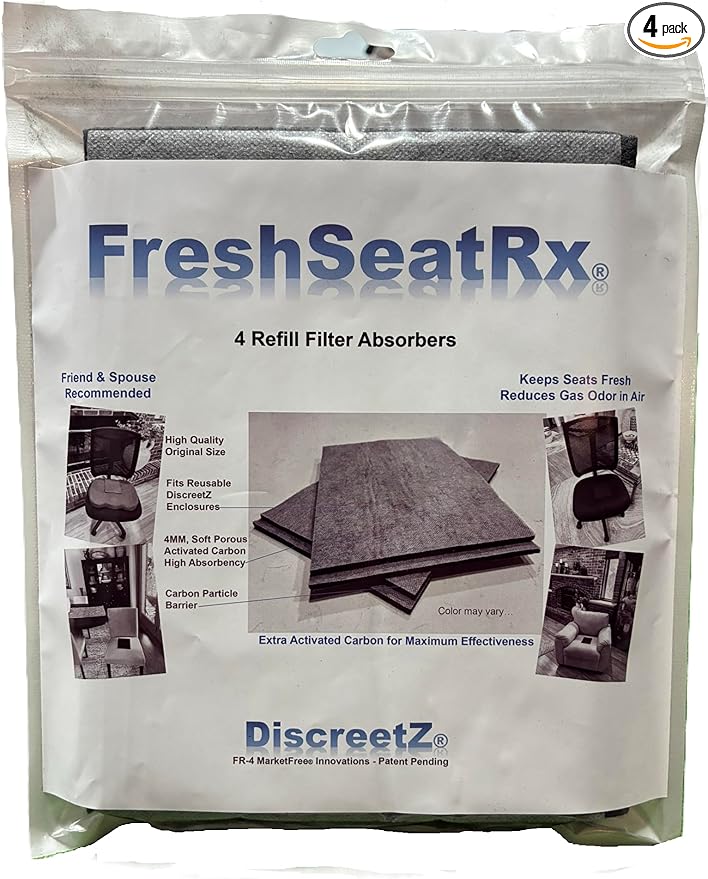 FreshSeatRx 4-Refill Filters fit FS-4 enclosures. Activated Charcoal, Chemical Warfare Design High Absorbency-CWDHA Activated Carbon Filter Pads. Reusable, Reset with Low Heat for Weeks of use. FR-4