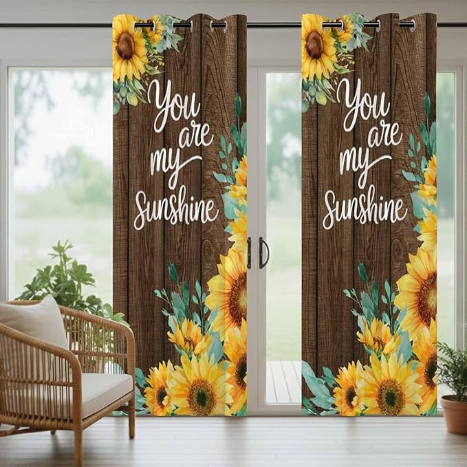 Summer Outdoor Curtains for Patio Sunflowers Eucalyptus Leaves Wood Waterproof Outside Curtains with Grommet Top Weatherproof Curtain for Cabana Pergola Gazebo, 1 Panel, 54" W x 95" L