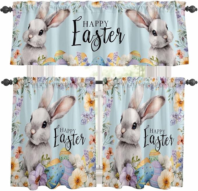 Happy Easter Kitchen Curtains Set 3 Piece for Windows,Rod Pocket Valance and Tier Set 36 Inch Length,Spring Grey Bunny Colorful Eggs Flower Blue Light Filtering Cafe Curtains for Living Room