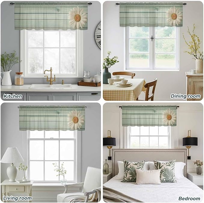 Daisy Flower Sheer Valances for Windows 42"x12", Light Filtering Kitchen Curtains Valance, Modern Art Floral Farmhouse Teal Wooden Grain Rod Pocket Chiffon Curtains for Living Room Bedroom Cafe