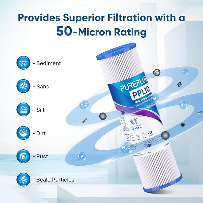 PUREPLUS 50 Micron 10"x2.5" Whole House Pleated Sediment Filter for Well Water, Replacement Cartridge for Universal 10 inch RO System, W50PE, WFPFC3002, SPC-25-1050, FM-50-975, 801-50, WB-50W, 4Pack