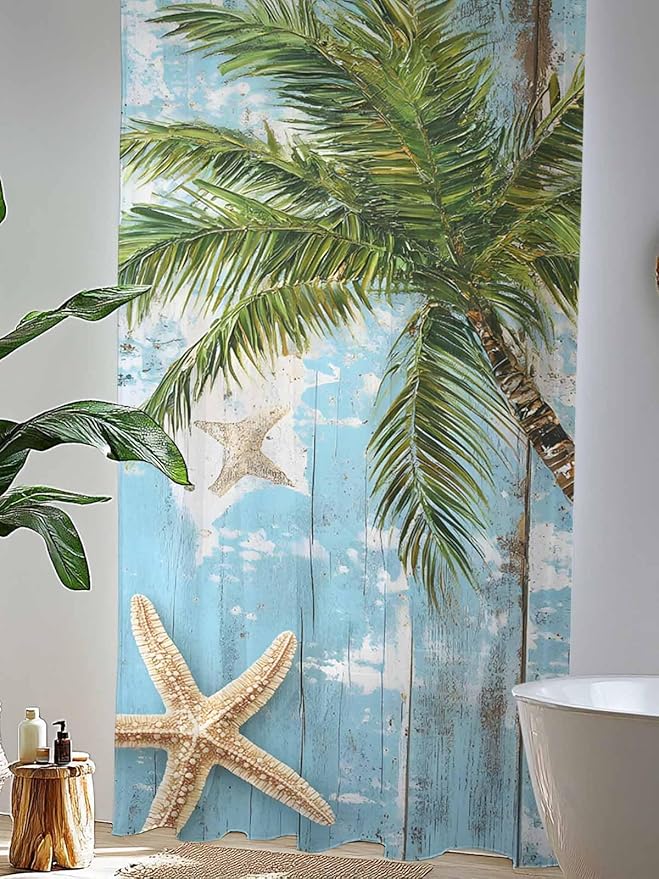 Sheer Curtains 96 Inches Long, Coastal Beach Blue Semi Sheer Curtains Light Filtering Window Treatment, Tropical Coconut Tree Vintage Wood Grain Privacy Voile Drapes for Living Room Bedroom 52x96 Inch