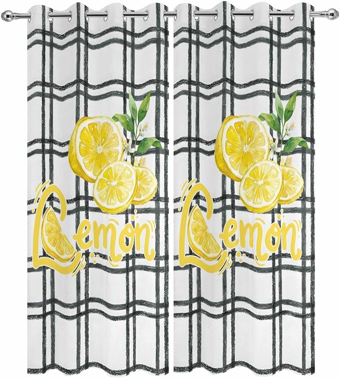 Lemon Outdoor Curtains for Patio Lemon Leaves Summer Plaid Buffalo Waterproof Outside Curtains with Grommet Top Weatherproof Curtain for Cabana Pergola Gazebo, 2 Pack, 54" W x 84" L