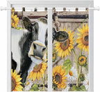 Retro Farmhouse Flower Bedroom Curtains 72 Inch Length, Window Curtains Tab Top, Yellow Sunflowers Cow Barn Doors Brown Light Filtering Window Treatments Drapes 52"x72" 2 Panel